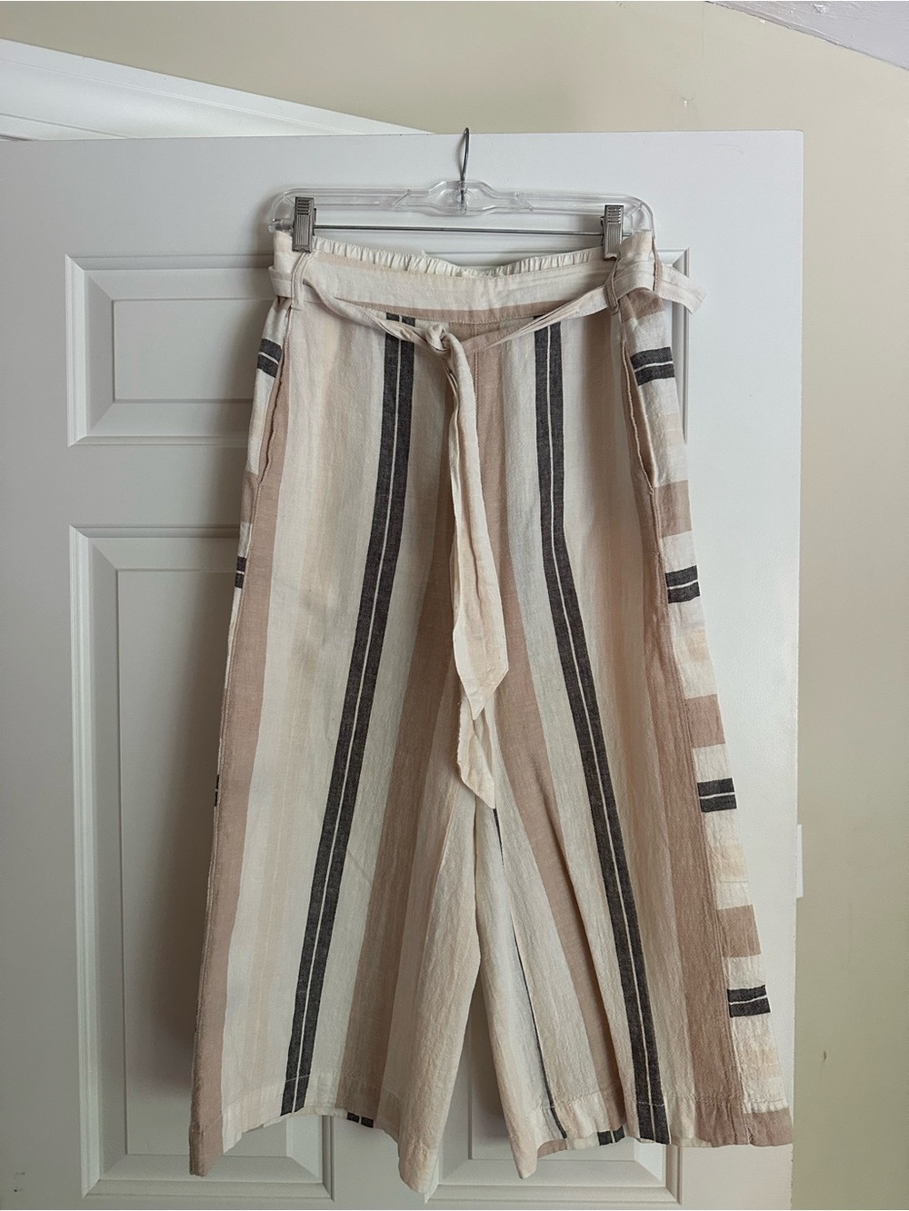 Anthropologie Neutral Striped Linen-Blend Wide Leg Pants